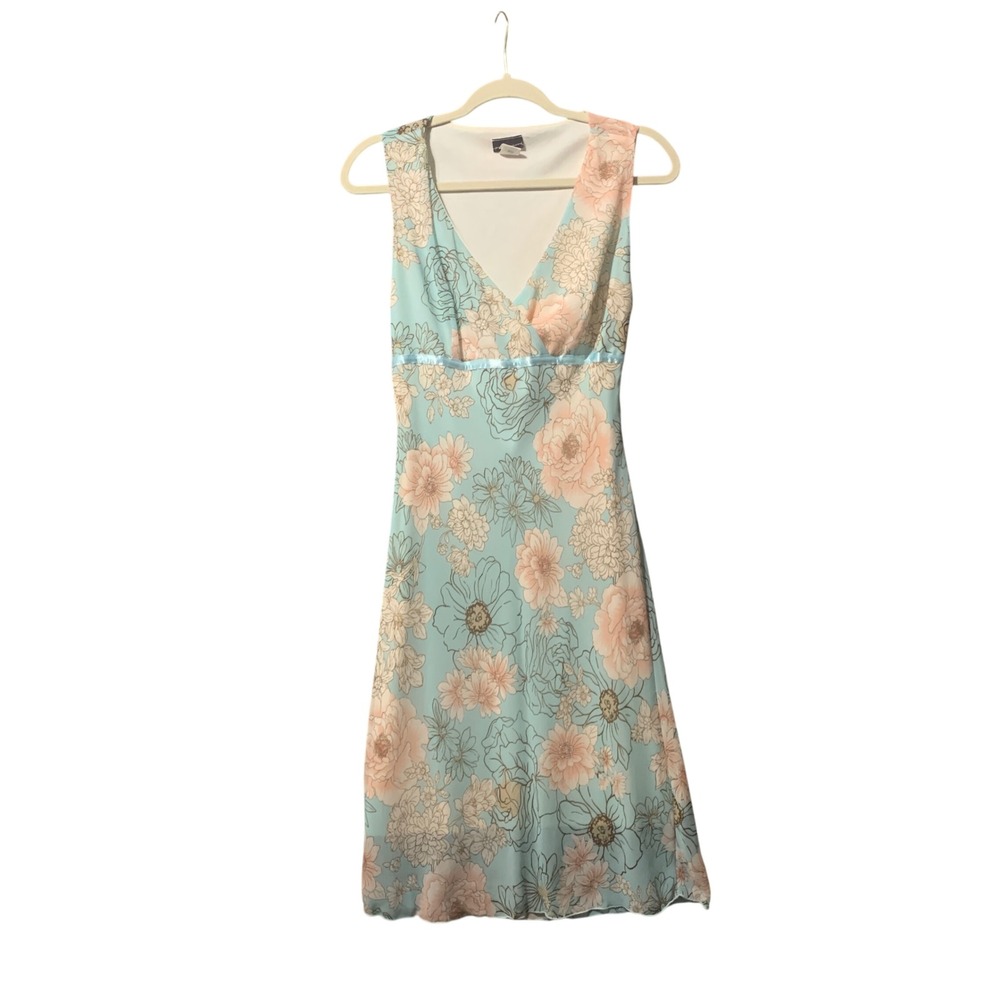 Pretty Good Y2K Floral Midi Dress Womens Large Blue Babydoll Empire Waist V-Neck